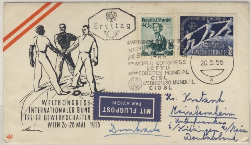Österreich - 1 S. Int. Gewerkschaft (IBFG) Schmuck-FDC/Lupo-Drucksache Wien 1955