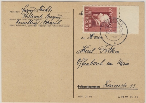 Österreich - 60 Gr. Amerlin Einzelfrankatur Karte Bregenz - Offenbach/Main 1948