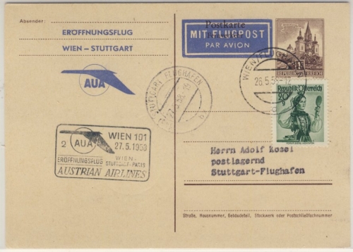 Österreich - Austrian Airlines Eröffnungsflug Wien - Stuttgart 1958 GA + Zusatz