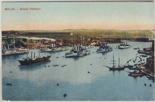 Malta - Grand Harbour m. Kriegsschiffen, Farb-AK, gelaufen 1913 n. Ravensburg