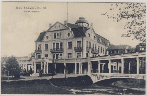 Hessen - Bad Salzschlirf, Neues Kurhotel - sw-AK, gelaufen 1907 rs. Werbezudruck