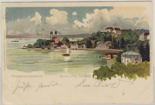 Württemberg - Friedrichshafen Bucht u. kgl. Schloss farb. Künstlerkarte 1900