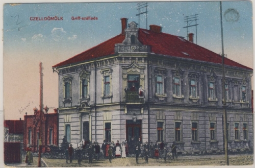 Ungarn - Celldömölk Griff szálloda Hotel farb. Ansichtskarte gelaufen 1920