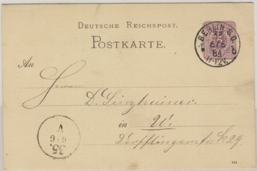 DR - Berlin SO 33 b, K1 a. 5 Pfg. GA/Ortskarte 1884, ähnl. KBHW 560