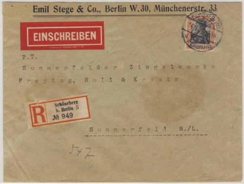DR - Schöneberg b. Berlin 5, Einscreibebrief m. 30 Pfg. Germania n. Sommerfeld