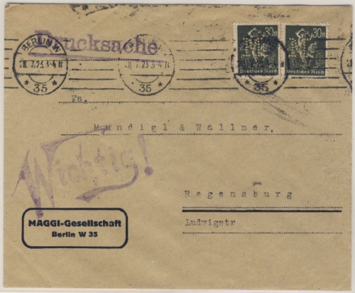 DR - Perfin "M" (Maggi-Gesellschaft), Drucksachenbrief Berlin W35 - Regensburg