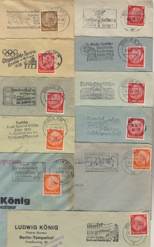 DR - Berlin, versch. Masch.werbestpl. a. 11 Briefen ex 1935/38
