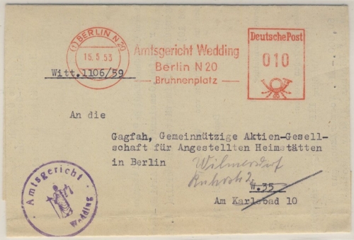 Berlin - Berlin N20, 10 Pfg. AFS "Amtsgericht Wedding", Ortsbrief 1953