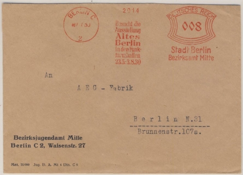 DR - Berlin C2, 8 Pfg. AFS "Bezirksamt Mitte", Ortsbrief 1908, Werbezusa30: