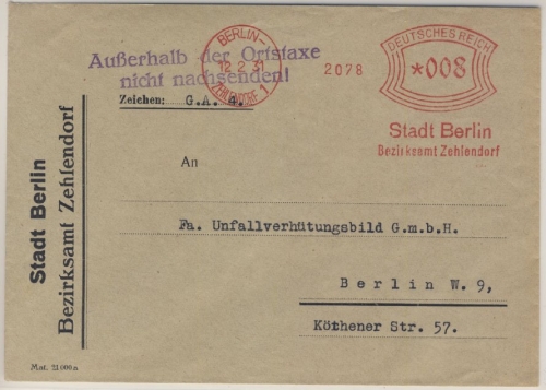 DR - Berlin-Zehlendorf 1, 8 Pfg. AFS "Bezirksamt Zehlendorf", Ortsbrief 1931