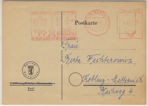 Berlin - Berlin-Wilmersdorf 1, 7 Pfg. AFS "Der Senat von Berlin", Drucks.-Karte