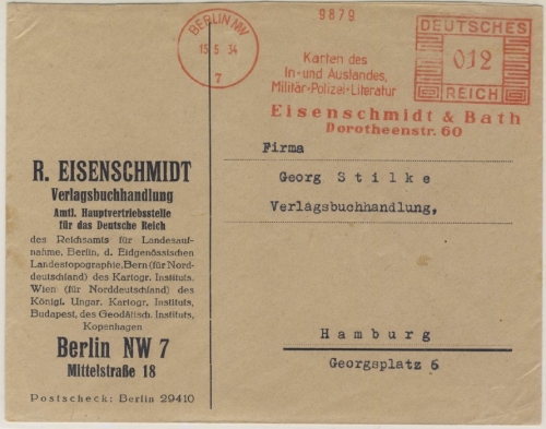 DR - Berlin NW7, 12 Pfg. AFS "Eisenschmidt & Bath", Brief n. hamburg 1934