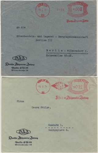 DR - Berlin SW68, 8+12 Pfg. AFS "Deutsche Allgemeine Zeitung", 2 versch. Stempel