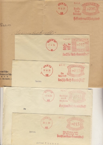 DR - Berlin SW68, 8,12 u. 3x15 Pfg. AFS "Deutsche Buch-Gemeinschaft", 5 versch.
