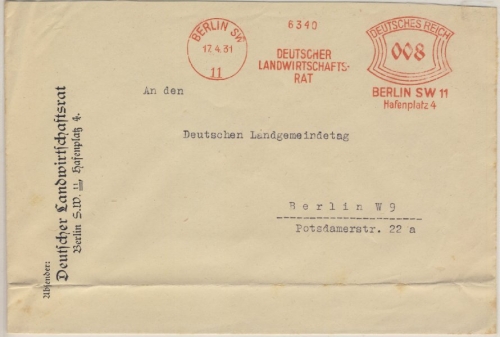DR - Berlin SW11, 8 Pfg. AFS "Deutscher Landwirtschafts-Rat", Ortsbrief 1931