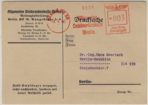 DR - Berlin SO16 "Allg. Ortskrankenkasse", Drucksachenkarte 1940