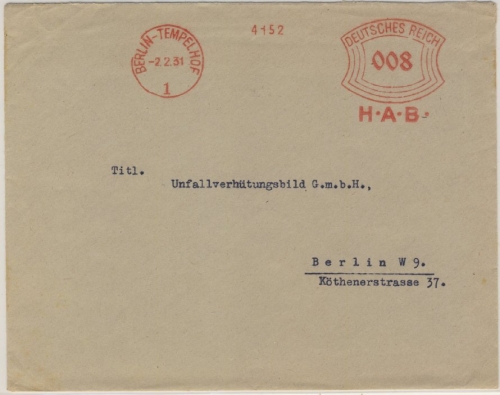 DR - Berlin-Tempelhof, 8 Pfg. AFS "HAB" , Ortsbrief 1931