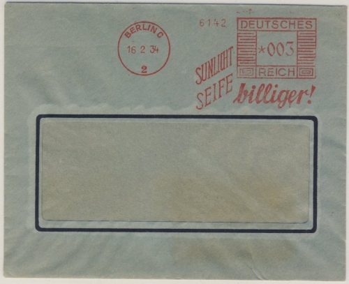 DR - Berlin C2, 3 Pfg. AFS "Sunlicht Seife", Drucksachenbrief 1934
