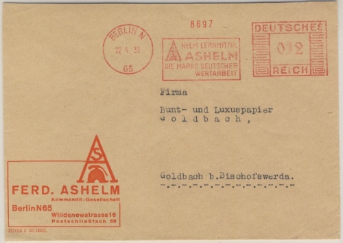 DR - Berlin N65, 12 Pfg. AFS "Ashelm Lernmittel", Brief n. Goldbach 1933