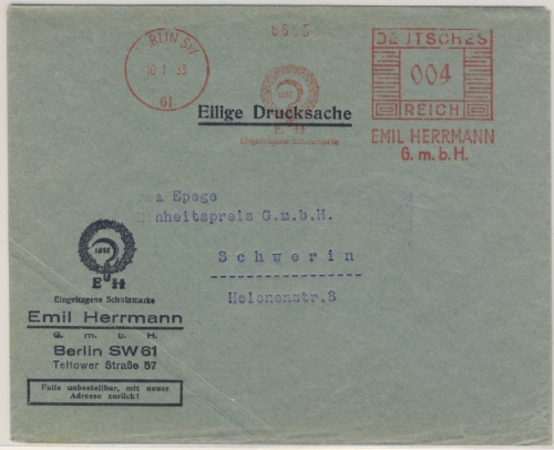 DR - Berlin SW61, 4 Pfg. AFS "Emil Hermann GmbH", Drucks.bf. n. Schwerin 1933