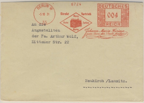 DR - Berlin W35, 4 Pfg. AFS "Farina Direktvertrieb", Drucksbf. n. Neukrich 1931