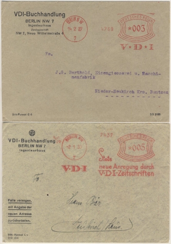 DR - Berlin W7, 3+5 Pfg. AFS "VDI" 2 Drucksachenbriefe 1927/30, versch.Stpl.