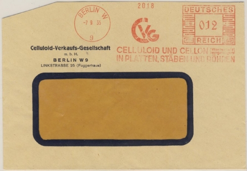DR - Berlin W9, 12 Pfg. AFS "Celluloid und Cellon", Brief 1935