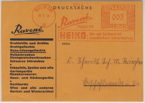 DR - Berlin SW19, 3 Pfg. AFS "Ravene - Heiko" (Kochherede), DrucksKarte. 1934