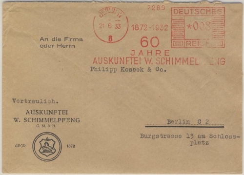 DR - Berlin W8, 8 Pfg. AFS "Auskunftei Schimmelpfeng", Ortsbrief 1933
