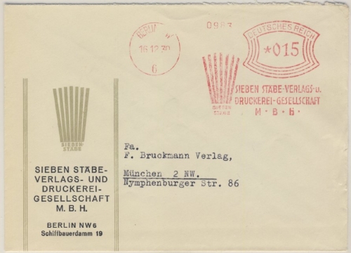DR - Berlin NW6, 15 Pfg. AFS "Sieben Stäbe Verlag", illustr. Brief 1930