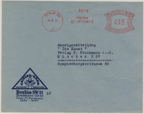 DR - Berlin SW11, 15 Pfg. AFS "Werba - Briefdienst", Brief n. München 1931
