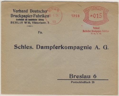 DR - Berlin W10, 15 Pfg. AFS "Verband dt. Druckpapier-Fabriken", Brief n.