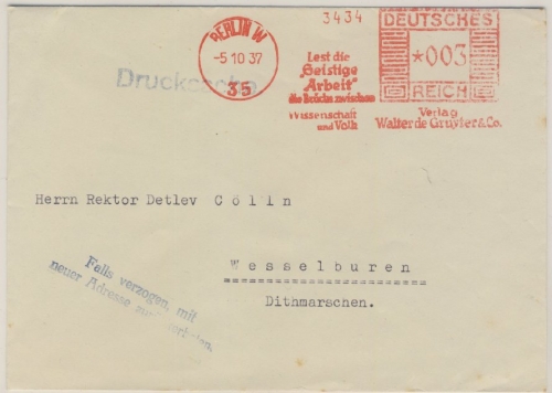 DR - Berlin W35, 3 Pfg. AFS "Geistige Arbeit", Drucksbf. n. Wesselburen 1937