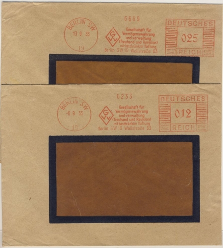DR - Berlin SW19, 12+25 Pfg. AFS "GVV" (Vermögensverwaltung), 2 Briefe 1933