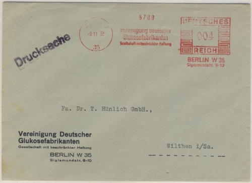 DR - Berlin W35, 4 Pfg. AFS "Vereinigung Dt. Glukosefabrikanten", Drucksbf. 1932