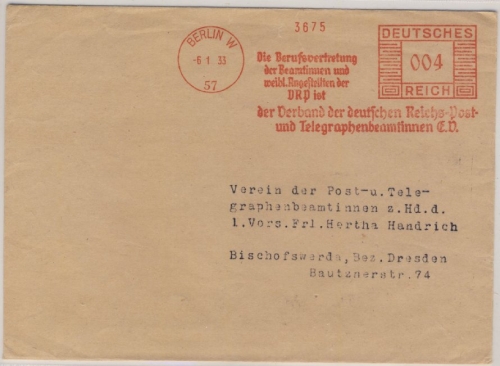 DR - Berlin W57, 4 Pfg. AFS "Berufsvertretung DRP Beamtinnen", Drucks.brief 1933