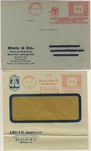 DR - Berlin W57, 12+24 Pfg. AFS "Samenmetz", 2 Briefe 1933