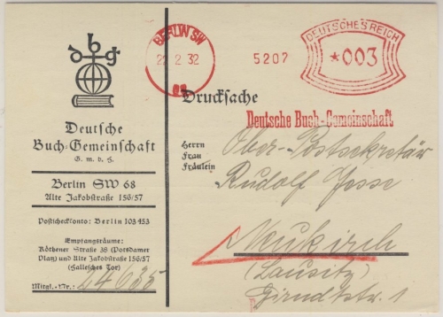 DR - Berlin SW68, 3 Pfg. AFS "Deutsche Buch-Gemeinschaft", Drucks.kte. 1932