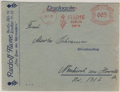 DR - Berlin SW19, 5 Pfg. AFS "Flume" (Uhren), DrucksBrief n. Neukirch 1932