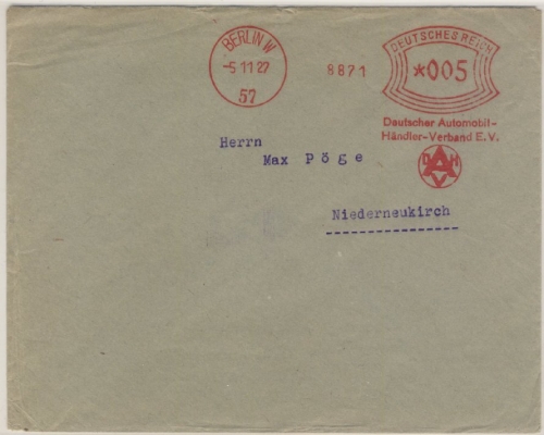 DR - Berlin W57, 5 Pfg. AFS "DAHV", Drucks.brief n. Niederneukirch 1927