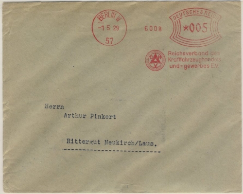 DR - Berlin W57, 5 Pfg. AFS "DAHV", Drucks.brief n. Niederneukirch 1929