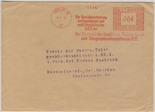 DR - Berlin W57, 4 Pfg. AFS "Berufsvertretung DRP Beamtinnen", Drucks.brief 1933