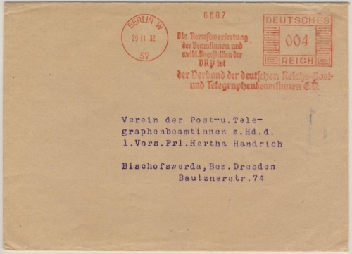 DR - Berlin W57, 4 Pfg. AFS "Berufsvertretung DRP Beamtinnen", Drucks.brief 1932