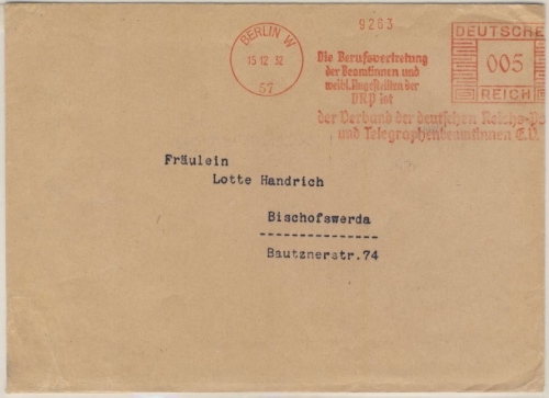 DR - Berlin W57, 5 Pfg. AFS "Berufsvertretung DRP Beamtinnen", Drucks.brief 1932