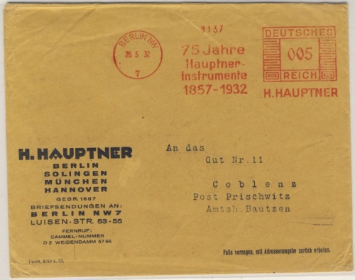 DR - Berlin NW7, 5 Pfg. AFS "Hauptner Instrumente", Drucksachenbrief 1932