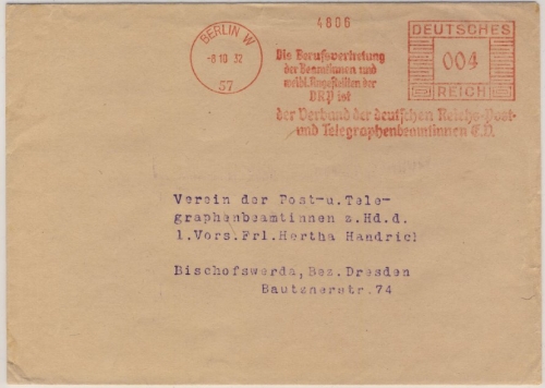 DR - Berlin W57, 4 Pfg. AFS "Berufsvertretung DRP Beamtinnen", Drucks.brief 1932