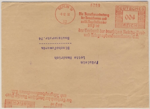 DR - Berlin W57, 4 Pfg. AFS "Berufsvertretung DRP Beamtinnen", Drucks.brief 1932