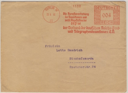 DR - Berlin W57, 4 Pfg. AFS "Berufsvertretung DRP Beamtinnen", Drucks.brief 1932
