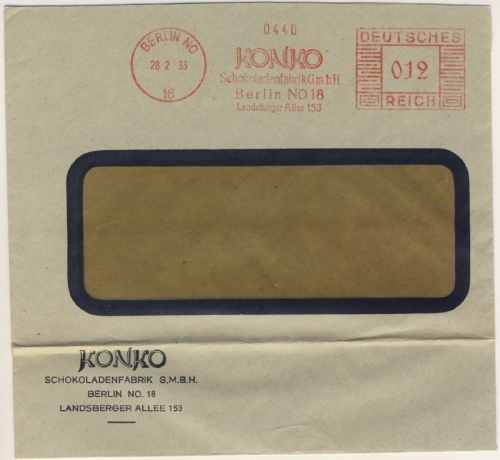 DR - Berlin NO18, 12 Pfg. AFS "KONKO Schokolagenfabrik", Brief 1933
