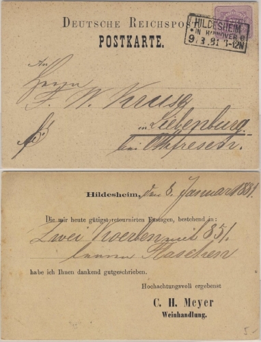 DR - 5 Pfg. Karte (priv. Vordruck) Ra3 Hildesheim in Hannover - Liebenburg 1881